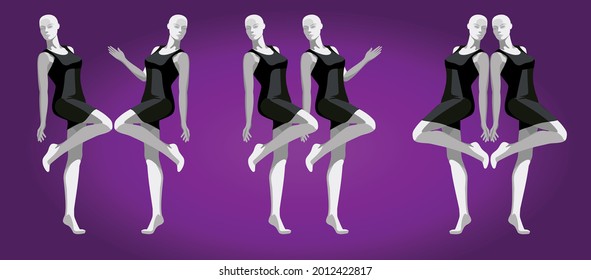 A pattern of black and white mannequins in beautiful poses on a dark purple background. Female mannequin in black mini dress. Vector illustration.