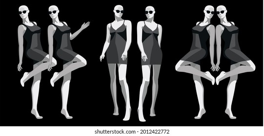A pattern of black and white mannequins in sunglasses, beautiful poses on a black background. Female mannequin in mini dress. Vector illustration.