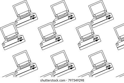 Pattern of black and white, old, vintage, retro, hipster computers with convex monitors and floppy. Vector illustration.
