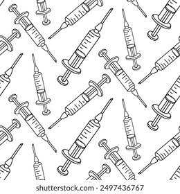 Pattern with a black and white outline of a syringe with a medicine. Vector illustration drawn by hand in a repeating texture. An item for the medicinal administration of medicine. An isolated object