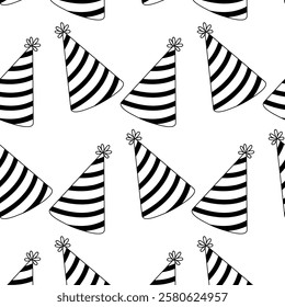 Pattern of black and white party hats covering a white background for festive occasions