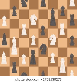 Pattern with black and white pieces on chess board. Vector seamless texture with chessmen - King, queen, rook, bishop, knight and pawns. Illustrations in cartoon style.  