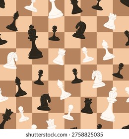 Pattern with black and white pieces on chess board. Vector seamless texture with chessmen - King, queen, rook, bishop, knight and pawns. Illustrations in cartoon style.  