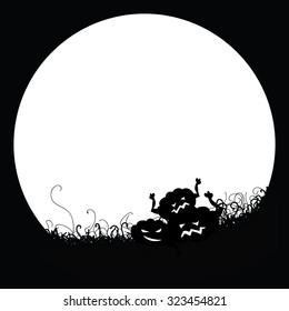 Pattern black and white poster. Pumpkins on the background of the moon. Vector graphics