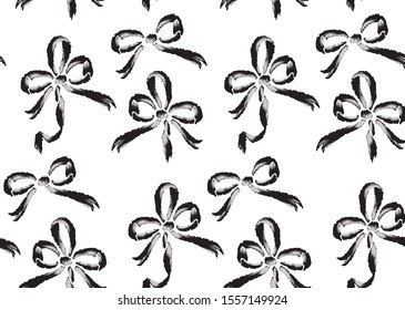Pattern with black and white  ribbon and small bouquet of flowers, bow