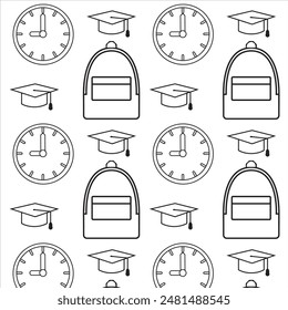 pattern 
black and white school items. pencil, backpack, watch. background, wallpaper, wrapping paper. holiday