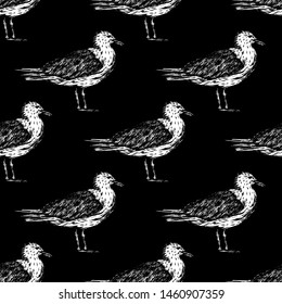 Pattern with black and white seagulls. Isolated birds on the black background   