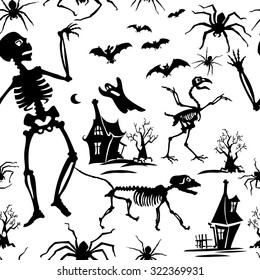 Pattern, black and white, silhouette, skeleton, bat, chicken skeleton, spider, skeleton cat