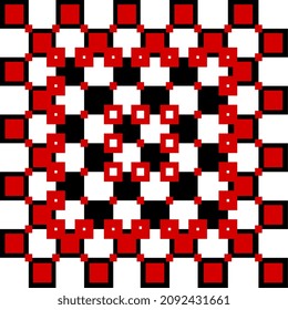 A pattern of black and white squares overlaid with red squares.