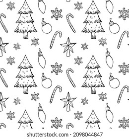Pattern in black and white style. Christmas tree, snowflake and Christmas balls pattern.