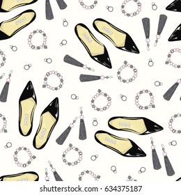 A pattern of black women shoes and accessories on a pink background.
