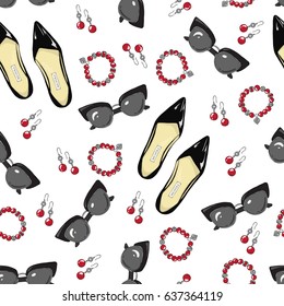 A pattern of black women shoes and accessories on a white background.