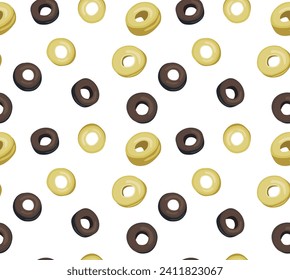 A pattern of black and yellow olives cut into circles. Seamless pattern in vector.