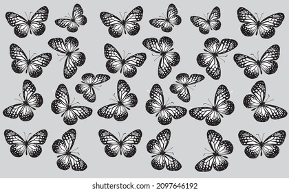 Patrón con mariposas en blanco y negro sobre un fondo gris claro. Idóneo para cortinas, papel pintado, telas, papel para envolver. 