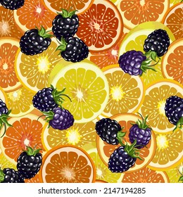 Pattern with blackberries and citrus fruits.Sliced oranges and lemons with blackberries in a colorful vector pattern.
