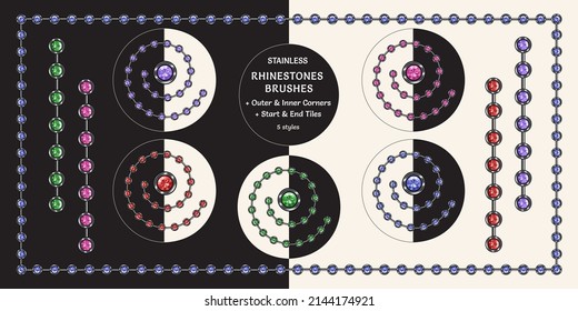 Pattern blackened silver brushes with color rhinestones. Colors of crystals are colors of amethyst, ruby, emerald, sapphire, spinel gems. Chain brushes with corners, end, start tiles.