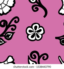 Pattern of black-white twigs on a pink background. Seamless pattern. Great for fabric, wallpaper, backgrounds, invitations, packaging design projects. Surface design. Vector illustration