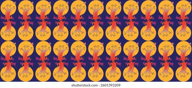 pattern block printing on fabric tree nad sun