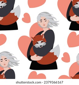 The pattern is a blonde girl with a fox in her hands on a white background with a heart. A girl with an animal caring for her neighbor. Animals in the hands of a blonde. Portrait of a cartoon girl.