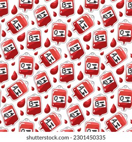 Un patrón de bolsas de sangre con diferentes denominaciones de grupos sanguíneos. Ilustración vectorial dibujada a mano. Íconos de hematología. Donar sangre es un concepto de salud. Patrón moderno y sin fisuras. Sangre