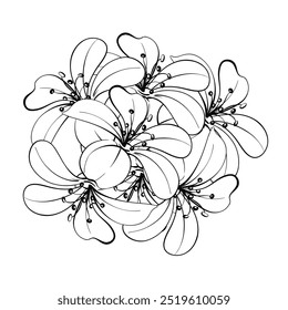 Pattern of bloom bouquet lily Romantic springtime flower in vintage style. Graphic vector line, hand drawn, black silhouette for cricut. For design, logo, postcards, wedding, textile, greeting cards