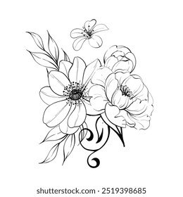 Pattern of bloom bouquet roses, peony and anemone. Romantic springtime flower with leaves, vintage style. Graphic vector line, hand drawn, black silhouette for cricut. For design, logo, postcards