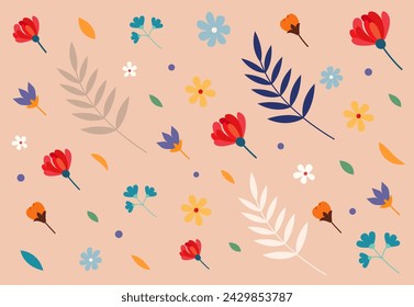 Patrón con flores y ramas florecientes. Patrón botánico en vector, estilo plano.