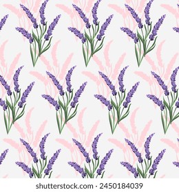 Pattern with blooming lavender.Vector seamless pattern with lavender bouquets on a light background with shadow.