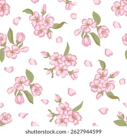 A pattern of blooming sakura and floating petals with soft lines and pink gradients. Dynamic design for textiles, packaging, digital backgrounds. Lightness and motion in every detail.