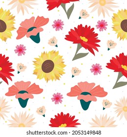 A pattern of blooming soda beautiful flowers in vases and jars. In a modern flat style. Decorative floral elements.