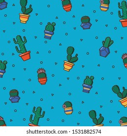 pattern with a blue background and seven different cacti in colorful pots with stroke and fill and geometric shapes