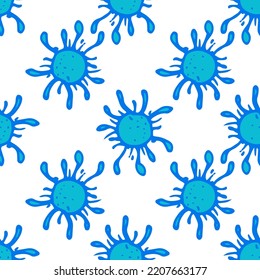 a pattern of blue bacteria. The seamless pattern of microbes has a round shape, hand-drawn in the style of doodles with a blue outline and curved tentacles. set the outline and silhouette of a black 