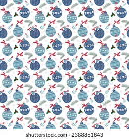 Patrón con bolas azules con cintas rojas. Bolas de Año Nuevo decoradas con un patrón floral de flores y ramas. Estilo escandinavo. Navidad y Año Nuevo. Ilustración plana vectorial. Para el embalaje
