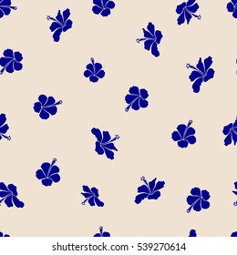 Pattern in blue and beige colors with tropic summertime motif may be used as texture, wrapping paper, textile design. Vector seamless pattern of tropical flowers, hibiscus, dense jungle. Hand painted.