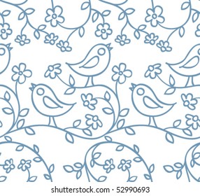 pattern with blue birds and flowers on white background