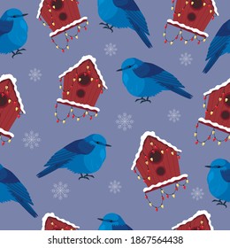 Pattern with blue birds and nesting boxes