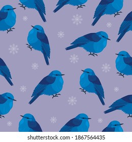 Patrón con aves azules y copos de nieve