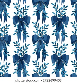 Padrão com arcos e folhas azuis. Buquê em cores e tons azuis. A impressão de estilo plano é perfeita para decorar papel de embrulho festivo, tecido festivo ou imagens digitais.