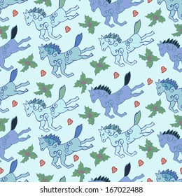 Pattern with blue cartoon horses.  For fabric, wrapping paper, print and web projects.