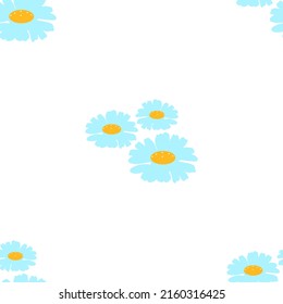 Pattern of blue chamomile flowers with hurts on white background. For background and textile. 