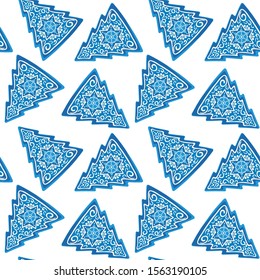 PATTERN OF BLUE CHRISTMAS TREE DECORATED WITH HAND DRAWN ORNAMENT ON TRANSPARENT BACKGROUND. VECTOR ILLUSTRATION, BACKGROUND FOR TEXTILE, PAPER, PACKAGING