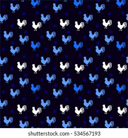 Pattern with blue cocks and white cocks, surrounded by snowflakes on a blue background.