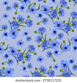 Pattern with Blue Cornflowers and Wildflower Buds on Soft Grey Background for Romantic Summer Textile and Stationery