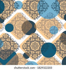 Pattern blue and crema orange rhombus and circles on the white background.