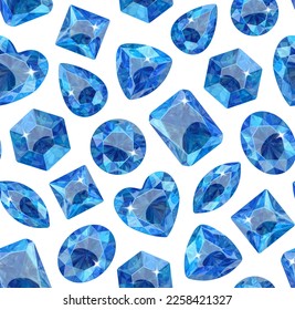 Patrón de cristales azules sobre un fondo blanco. Piedras de varias formas. Joyas.