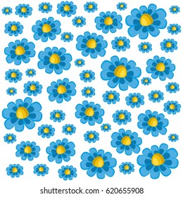 a pattern of blue daisies on a white background