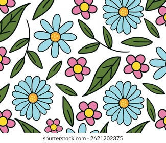 A pattern of blue daisies and pink flowers surrounded by green leaves on a white background