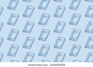 Pattern of blue doodle books suitable for stationery design, book covers, educational materials, scrapbooking, and back to school themes.