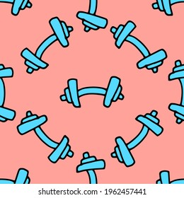 Motif de haltères bleues sur fond rose dans différentes directions. Motif harmonieux vectoriel de silhouette dessinée à la main - silhouette noire en bleu sur fond rose pour le design sportif féminin