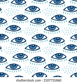 Muster mit blauen Augen. Abstraktion aus dem bösen Auge für türkische, griechische Amulette. Zauberhafter, nahtloser Druck mit handgezeichnetem Blick, gepunkteten Flecken. Doodles auf weißem Hintergrund. Moderne Vektorgrafik.